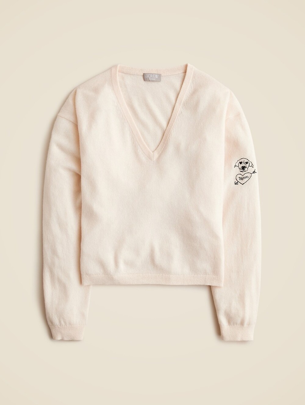 J.Crew Cashmere relaxed cropped V-neck sweater with "Dog Mom" embroidery